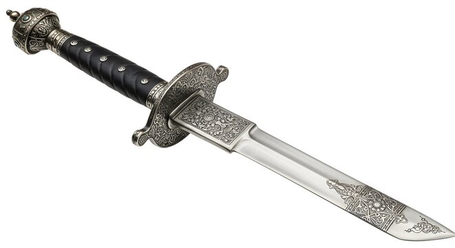 Close-up of an ornate silver dagger with intricate details, isolated on white