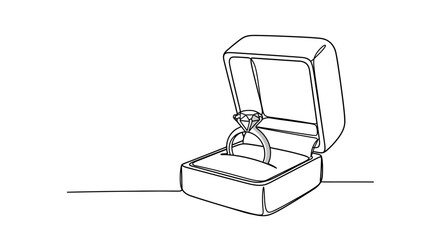 Single Drawing of an Open Ring Box with Diamond Engagement Ring Inside
