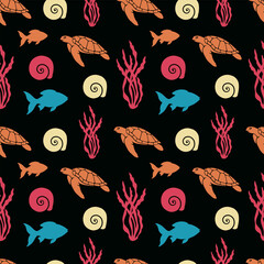 Sea Turtle and Fish Seamless Pattern with Shells and Seaweed Isolated on Black Background