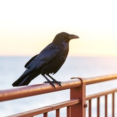 A solitary black bird perches on a reddish metal railing, overlooking the ocean, with a blurred golden sunset in the background