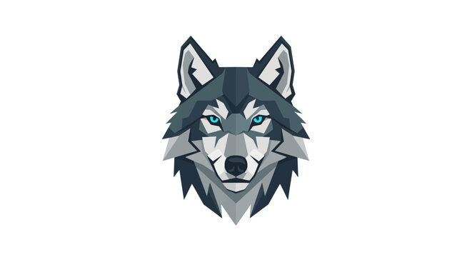Stylized geometric wolf head logo with blue eyes on white background