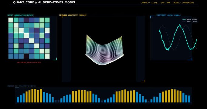 AI Based Derivatives Trading Dashboard with Implied Volatility Surface, Asset Correlation Matrix, Sentiment Alpha Signal and Quantitative Financial Data Visualization