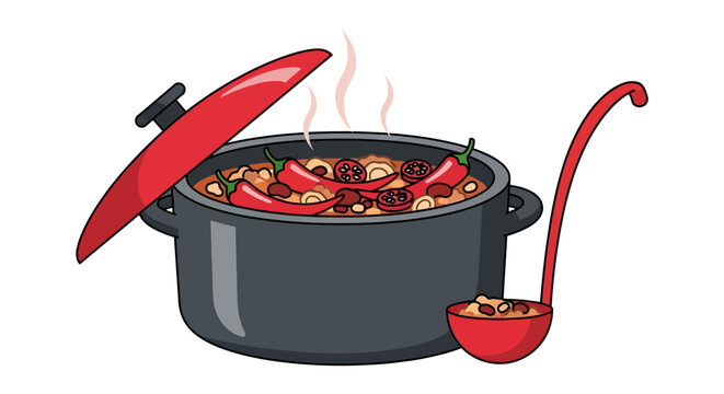 Cartoon style pot with steaming hot chili and ladle