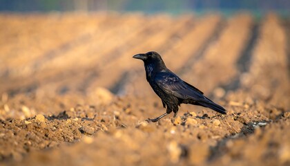 A solitary black bird struts across freshly tilled earth, its dark plumage contrasting with the warm brown field in soft daylight