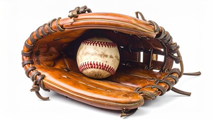 Baseball glove with ball, sports equipment, close-up shot on white.