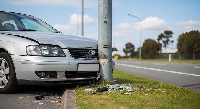 Silver car crashed into a metal pole on roadside