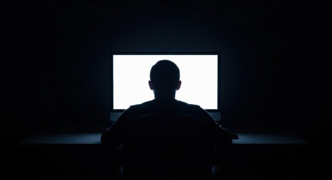 Silhouette of a person sitting in front of a glowing screen in a dark room