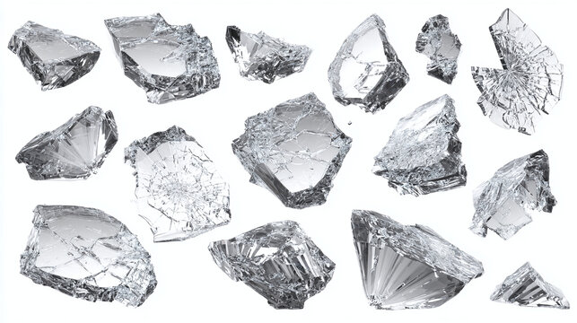 Various pieces of broken glass shards, showcasing transparency and fragility