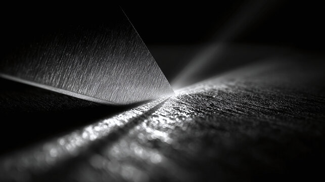 The Sharpness of a Blade. The blade edge is shown in striking detail, poised above a surface with the play of light and shadow