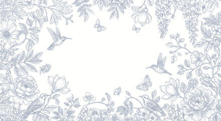Vintage Floral Frame with Hummingbirds, Birds, and Butterflies in Soft Blue Tones © Nira