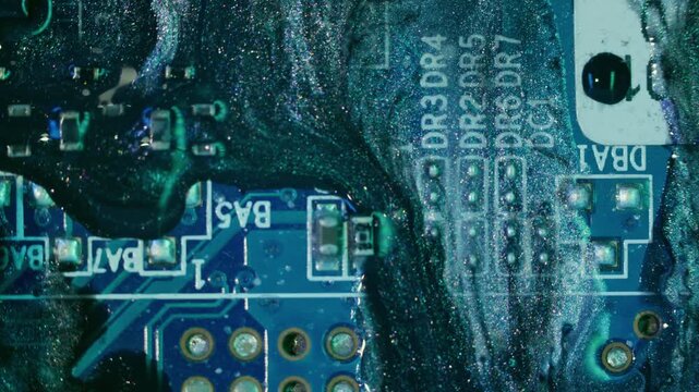 Circuit board. Ink pour. Defocused blue white color glitter water round microchip wet fluid on creative digital abstract background.