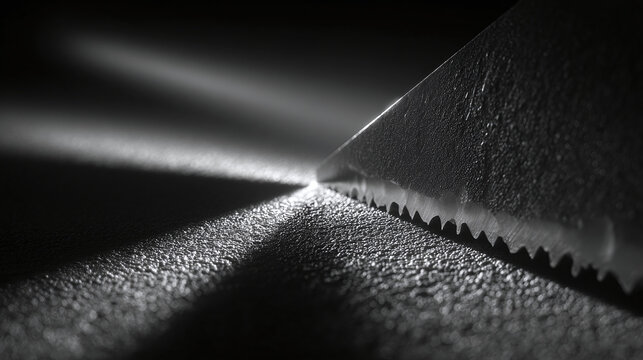 A sharp knife, a play of light, and deep shadows, creating a compelling composition. The blade's edge is prominent