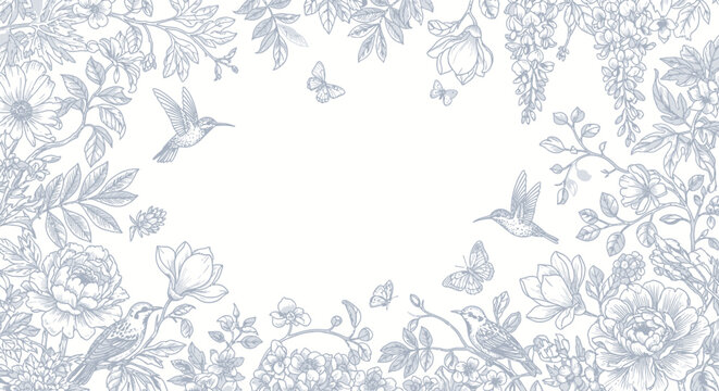 Vintage Floral Frame with Hummingbirds, Birds, and Butterflies in Soft Blue Tones