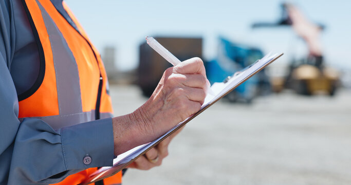 Hands, shipping yard and man with clipboard, export and inspection for cargo distribution. Closeup, outdoor and person with documents, inventory and shipment schedule for import, logistics or writing