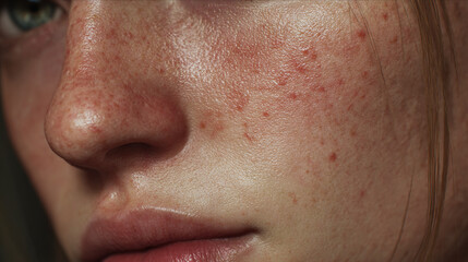 Obraz premium A close-up view of a woman's face, highlighting the skin's texture and natural features. Focus on facial details like freckles