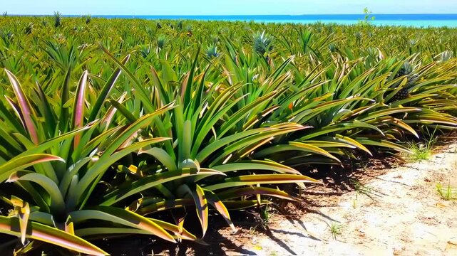 A vast pineapple field with ocean in the background under blue sky
