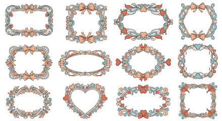 Obraz premium Decorative floral frames with bows and hearts in pastel colors, ideal for romantic designs and invitations