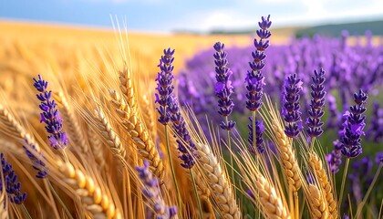 Fototapeta premium Close-up of golden wheat stalks and purple lavender flowers under a bright sunny sky
