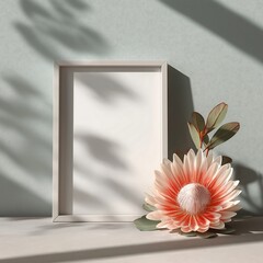 Minimalist White Photo Frame Mockup with Blank Canvas, Pastel Pink Flower Accent and Soft Natural Light on Green Background
