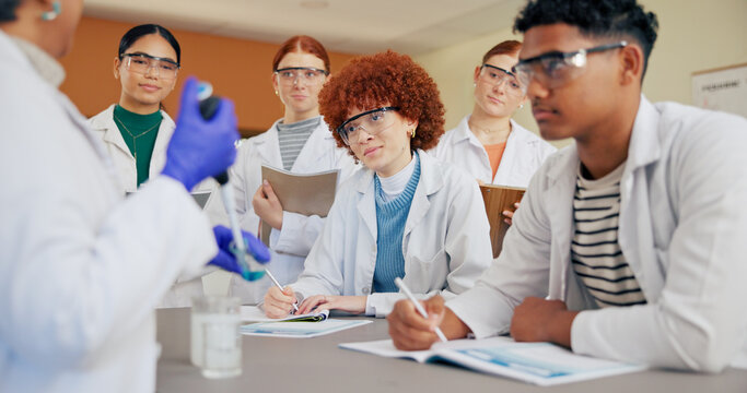 Education, science and students in class with teacher for development, feedback or future. Conversation, experiment and review with learner group in college laboratory for learning, writing or study