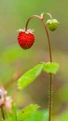 Close-up of a bright red wild strawberry with green leaves and stems