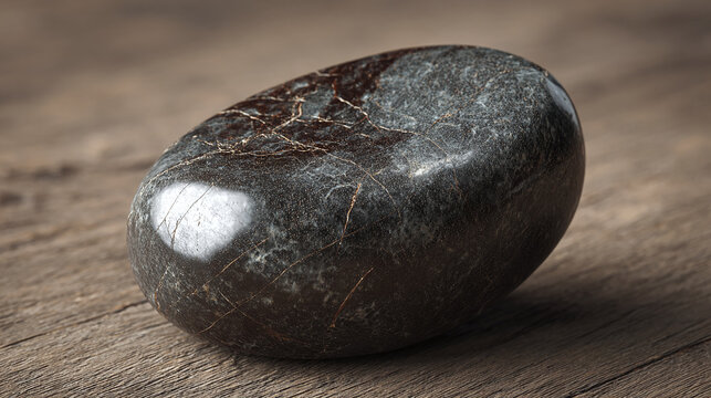 A glistening stone, polished to a perfect shine, rests serenely on a rustic wooden surface