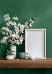 Minimalist White Photo Frame Mockup with Blank Canvas, Pastel Pink Flower Accent and Soft Natural Light on Green Background
