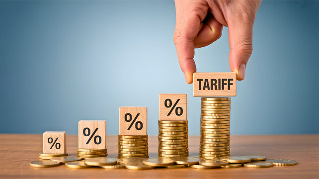 Hand placing 'TARIFF' block on a rising stack of coins, symbolizing increasing trade barriers, taxation, and economic implications for businesses