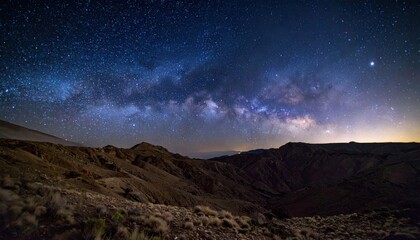 Night Sky Over Desert Landscape Mountains.