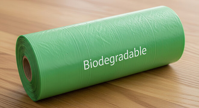 Green biodegradable plastic wrap on wooden surface  