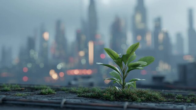 Sustainability shift through cloud technologies concept. Young green plant growing through urban pavement with blurred city skyline background representing nature and growth