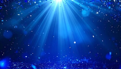 静寂の中に煌めきが舞う、深い青のグラデーションとデジタルパーティクル