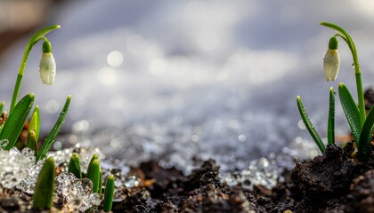 残雪の中で輝く待雪草の花。希望と生命力を感じさせるネイチャーフレーム