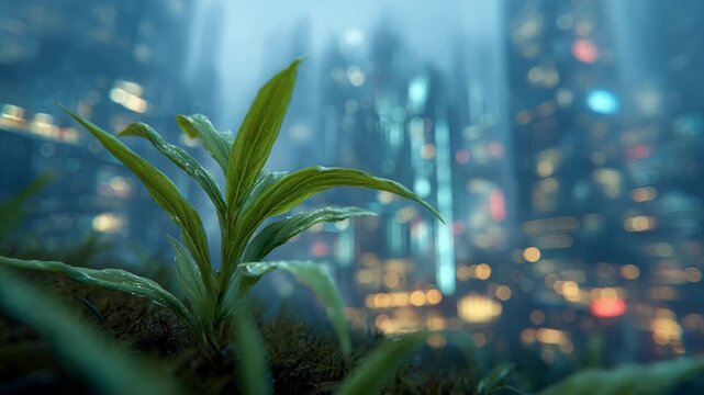 Sustainability shift through cloud technologies concept. Green plant with water droplets in futuristic cityscape blurred background urban nature contrast