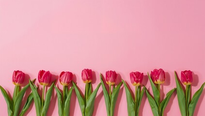 A row of vibrant red tulips against a solid pink background