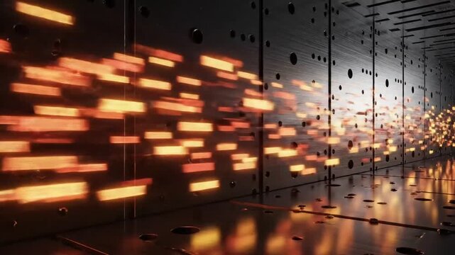 Abstract futuristic tunnel with dynamic light trails and perforated metal surfaces creates a sense of depth motion and technological innovation for modern design projects