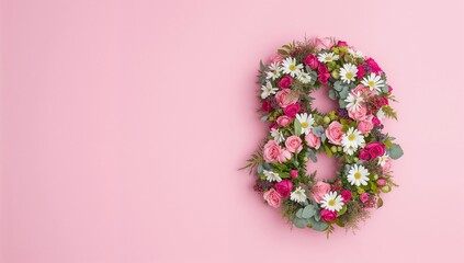 Floral number eight formed with colorful blooms against a pink backdrop
