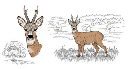 Roe Deer Buck and Landscape Scene in Vintage Art Style, Isolated © eaceu