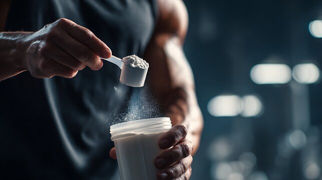 Muscular Man Scooping Protein Powder / プロテインをすくう筋肉質の男性
