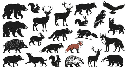 Collection of Diverse Forest Animals Silhouettes on White Background © eaceu