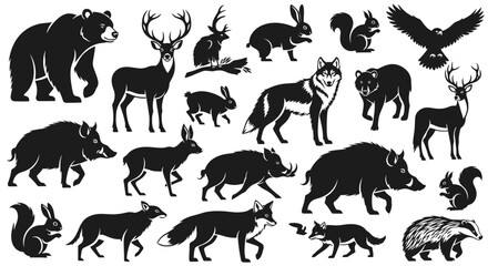 Collection of Diverse Forest Animals Silhouettes on White Background © eaceu