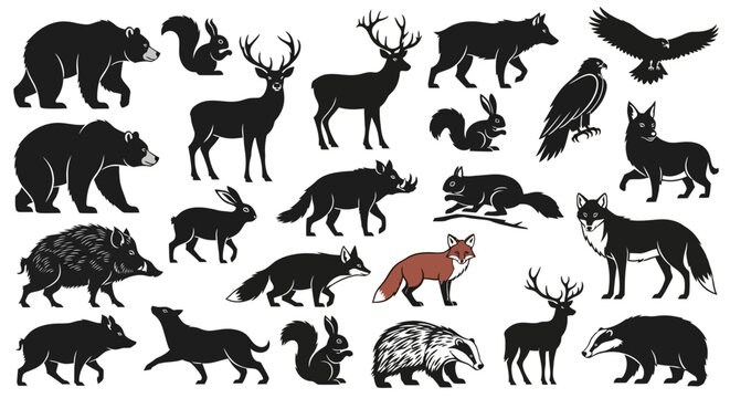 Collection of Diverse Forest Animals Silhouettes on White Background