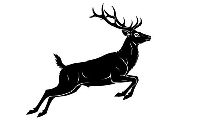 Fototapeta premium Majestic Black Stag in Full Leap Against a White Background, Illustrating Power and Grace