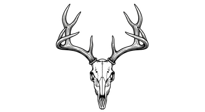 Stylized Deer Skull with Antlers, Tattoo Style Vector Illustration, Isolated on White