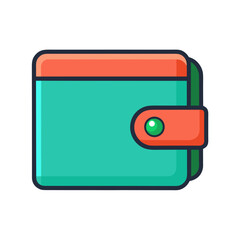 Obraz premium Teal wallet with orange strap and green button on white background finance