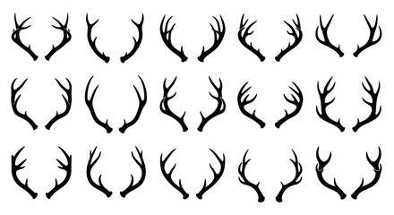 Set of Different Deer Antlers Silhouettes Isolated on White Background
