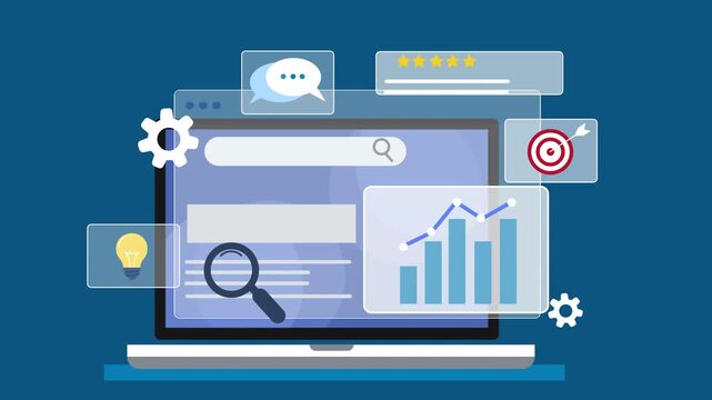 Flat illustration of a laptop displaying an ecommerce interface with analytics chart, search bar, and marketing icons, representing online marketing performance, sales insights, and digital business g