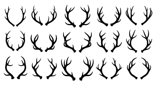 Collection of Silhouetted Deer Antlers Isolated on a White Background