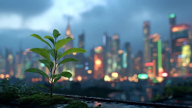 Sustainability shift through cloud technologies concept. Young green plant growing on rooftop with blurred city skyline and colorful lights in background at dusk