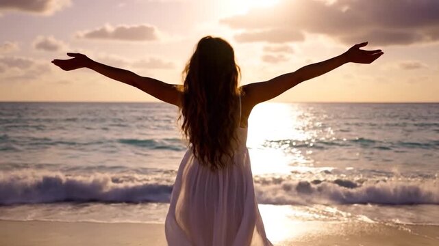 Woman in white dress facing ocean with arms outstretched, backlit by sunset